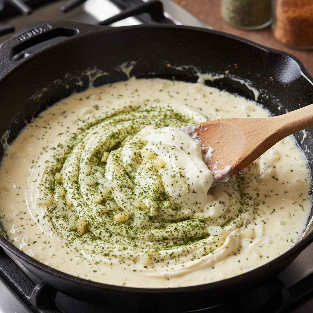 Cream cheese and ranch seasoning added to skillet