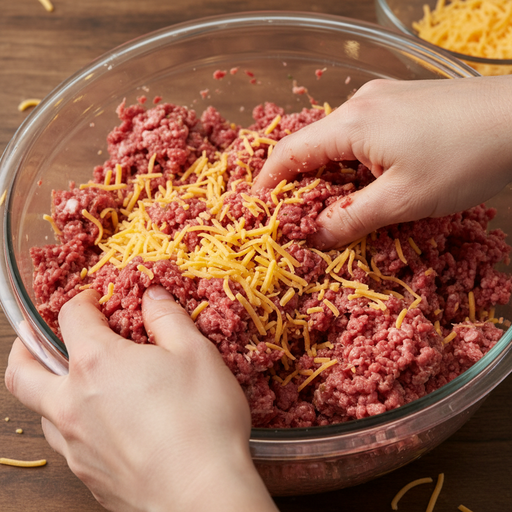 Adding shredded cheese to cooked ground beef in skillet