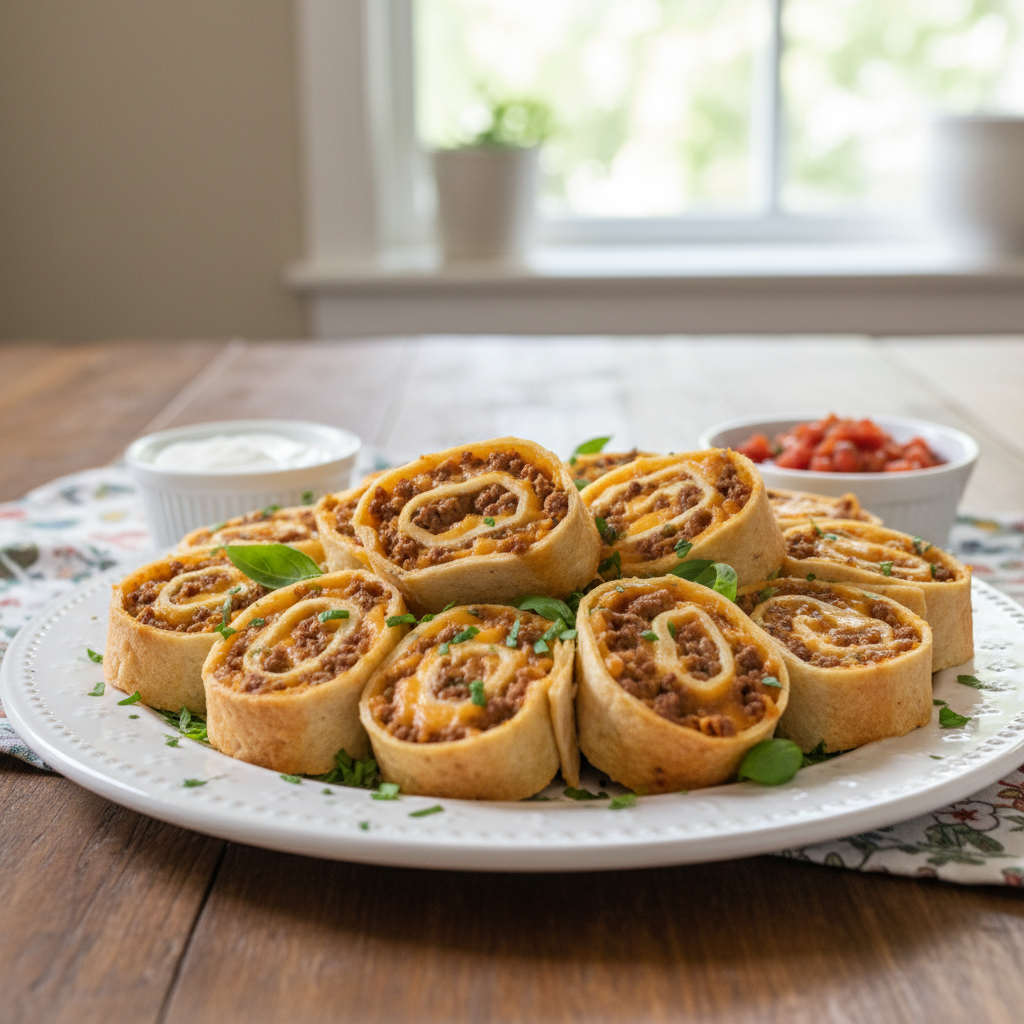 Plated Cheesy Beefy Roll-Ups served with dipping sauces