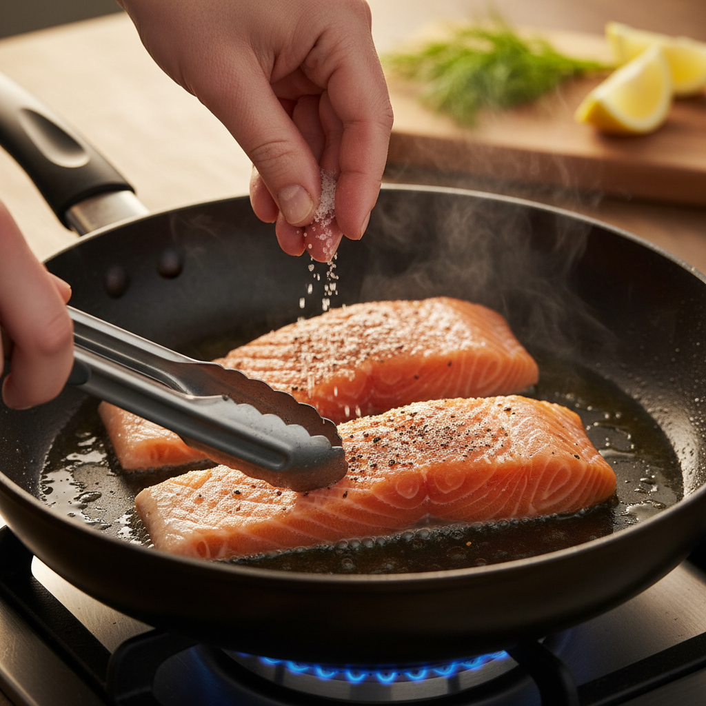 Cooking salmon fillets in a non-stick skillet