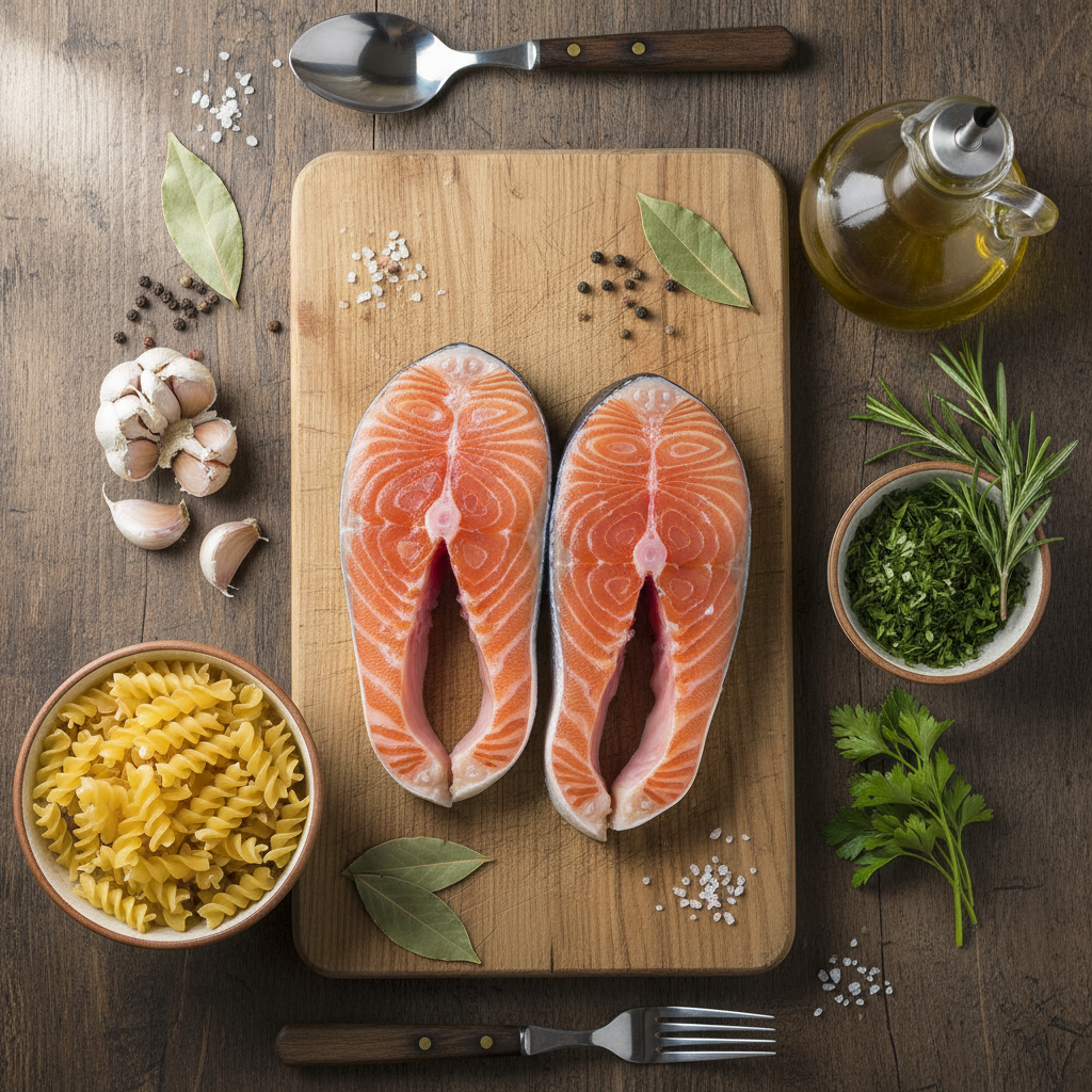 Ingredients for Creamy Garlic Salmon Pasta laid out including salmon, noodles, cream, and garlic
