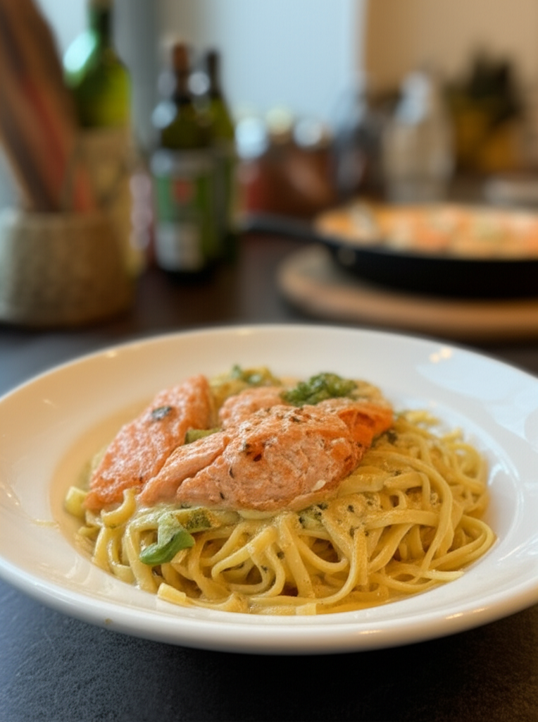 Creamy Garlic Salmon Pasta plated with creamy sauce and herbs