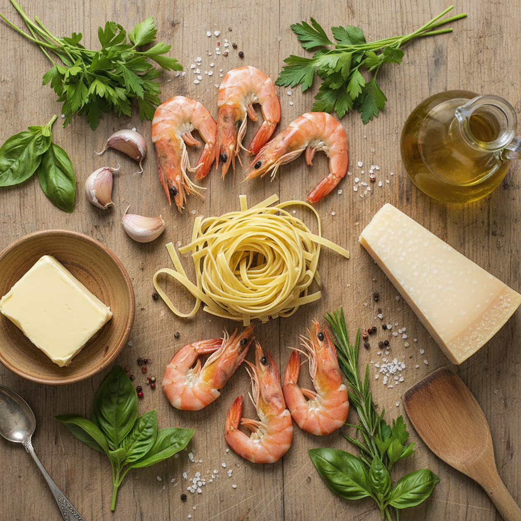Ingredients for Creamy Garlic Shrimp Pasta