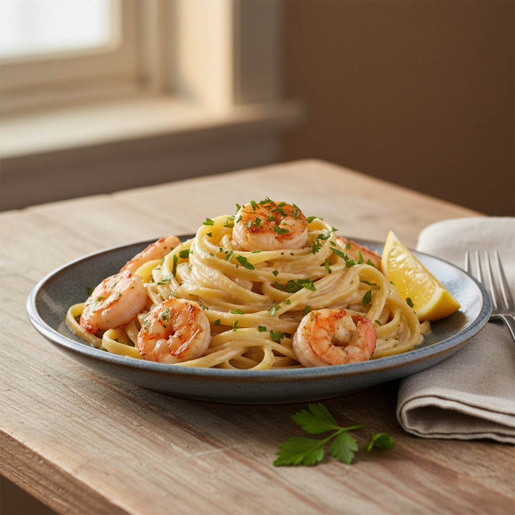 Finished Creamy Garlic Shrimp Pasta garnished with fresh parsley