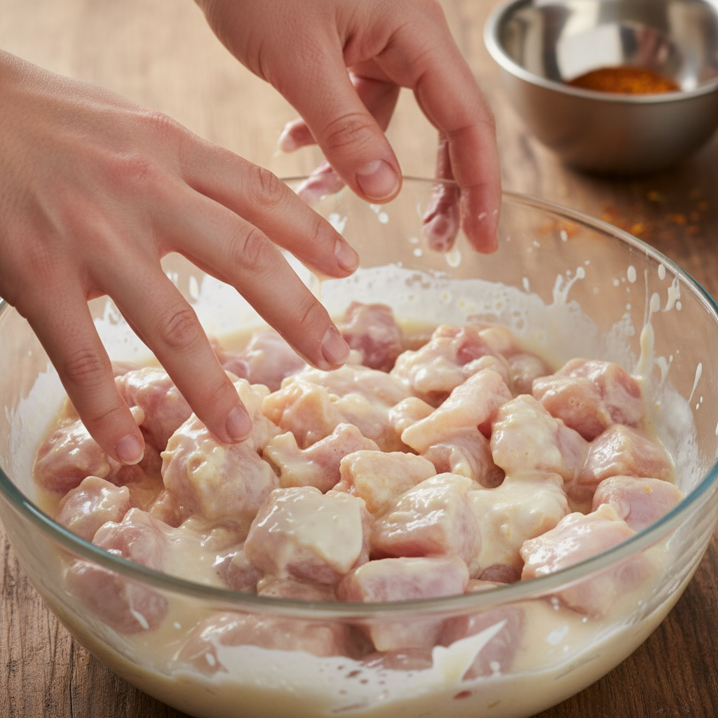 Chicken marinating in bowl with egg whites and cornstarch