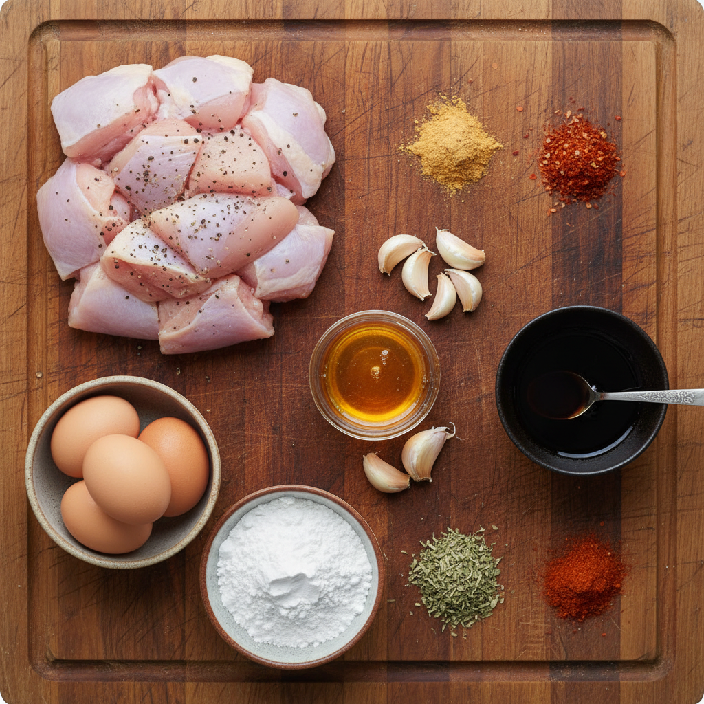 Honey garlic chicken ingredients on kitchen counter