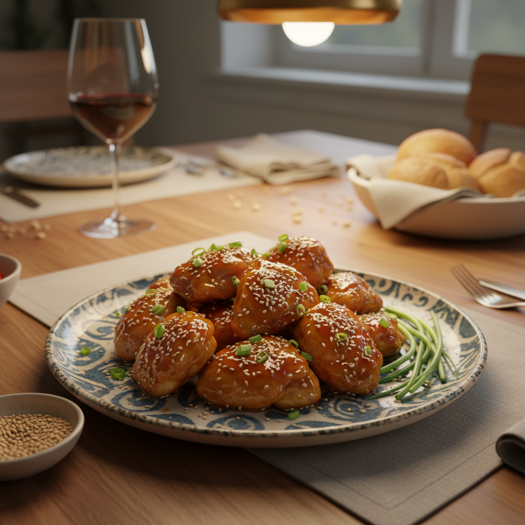 Honey garlic chicken final served dish with garnish