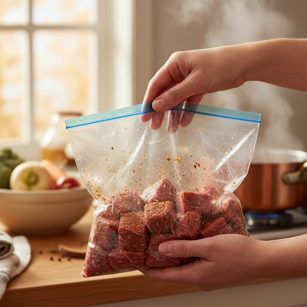 Beef coated with dry onion soup mix and paprika in plastic bag