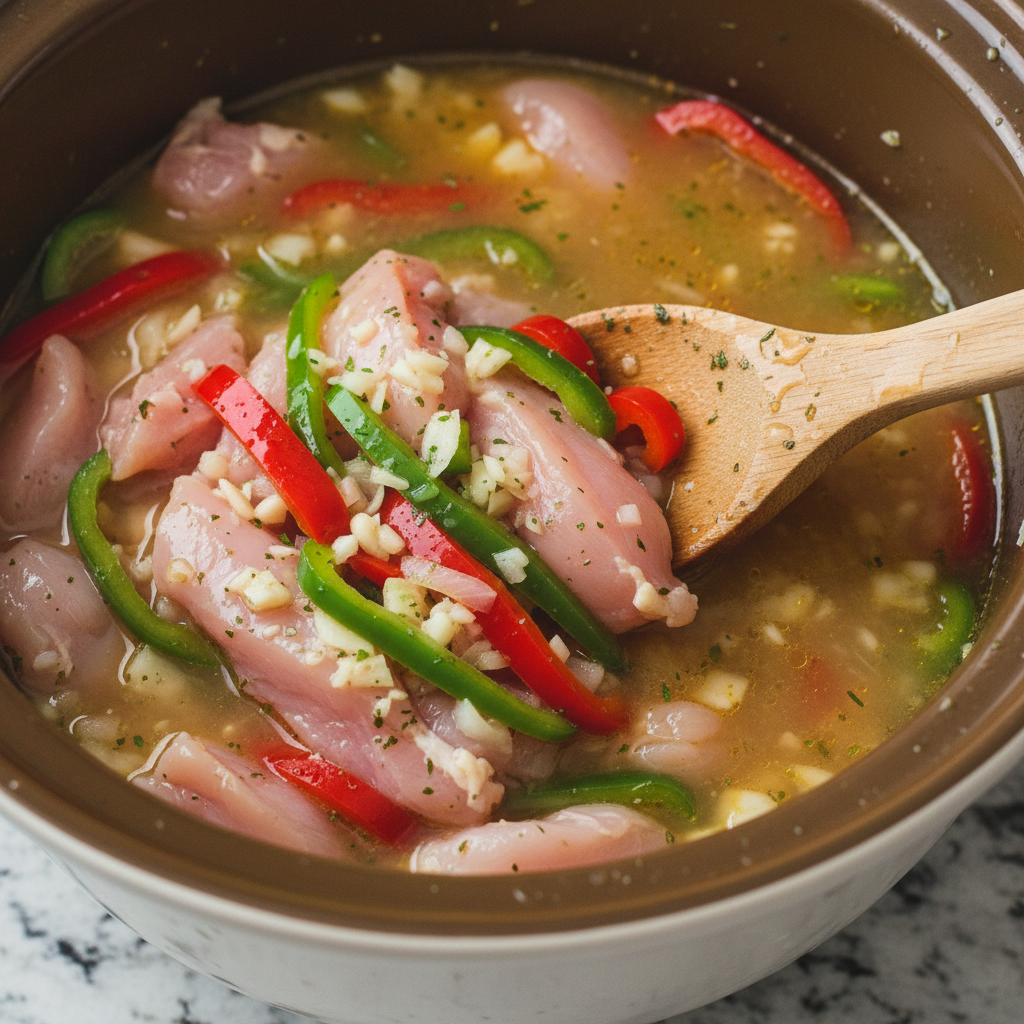 Chicken breasts with peppers, garlic, onion and broth mixed in crock pot before cooking