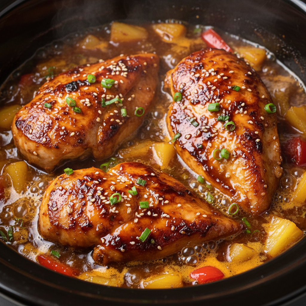 Sweet and sour Crock Pot Teriyaki Chicken served with rice