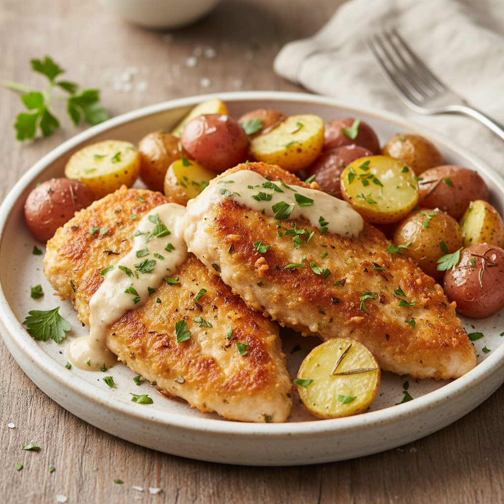 Serving suggestion with garnish for Crockpot Garlic Parmesan Chicken and Potatoes