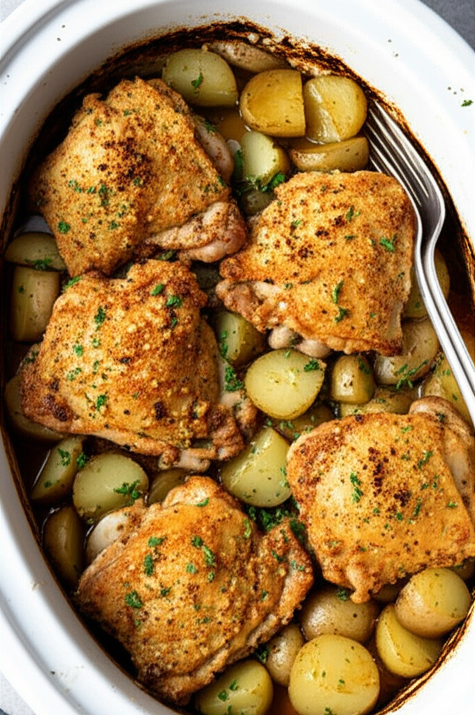Crockpot Garlic Parmesan Chicken and Potatoes plated dish