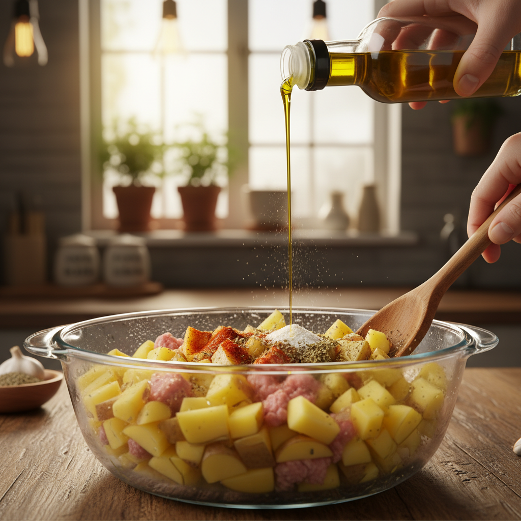 Potatoes and seasonings cooking in skillet for Easy Ground Turkey dish