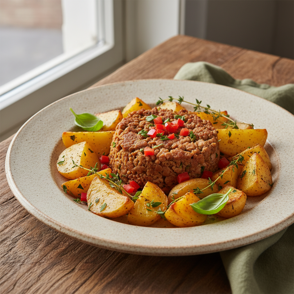Delicious served Easy Ground Turkey with Potatoes garnished with fresh herbs