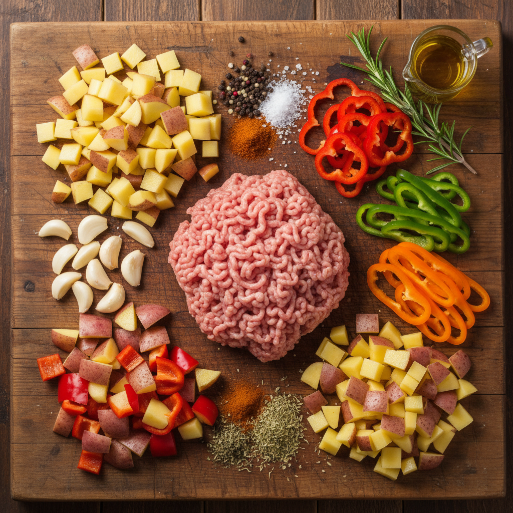 Ingredients for Easy Ground Turkey with Potatoes laid out on kitchen counter