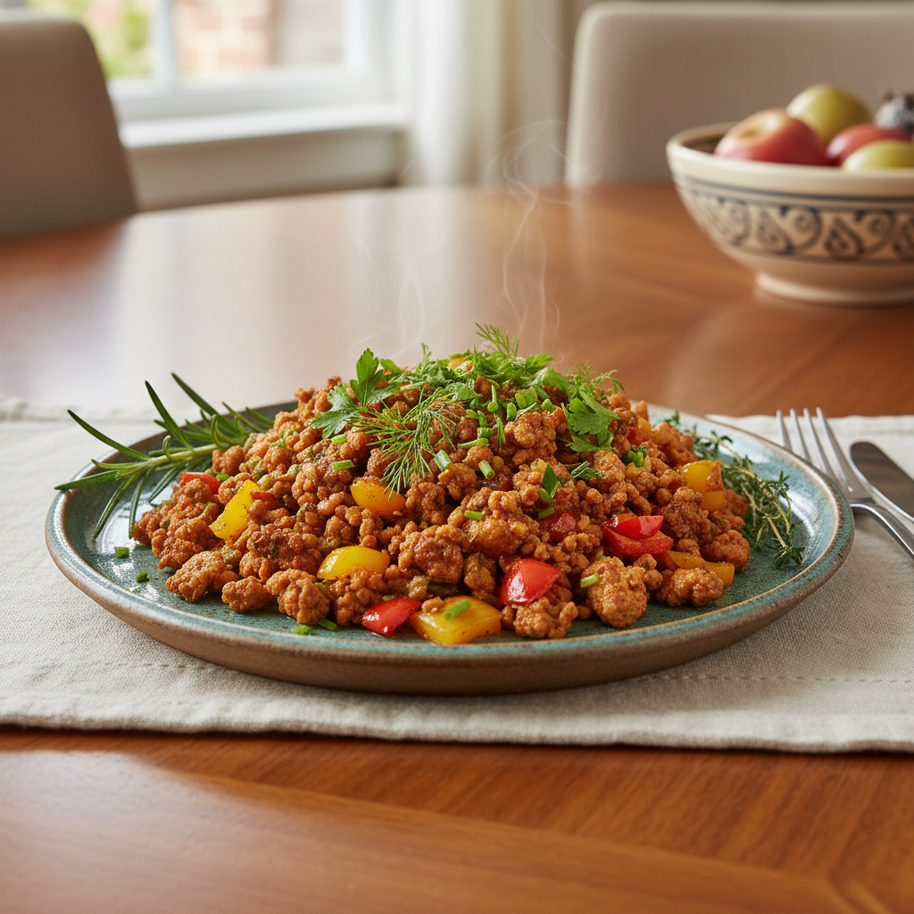 Cooking Ground Turkey And Peppers in skillet with seasoning