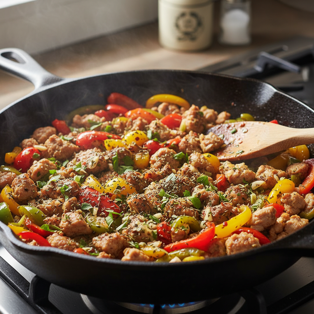 Ground Turkey and Peppers meal served on a plate with colorful peppers
