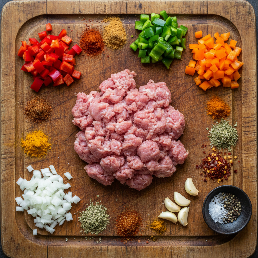 Ingredients for Ground Turkey and Peppers laid out on a kitchen counter