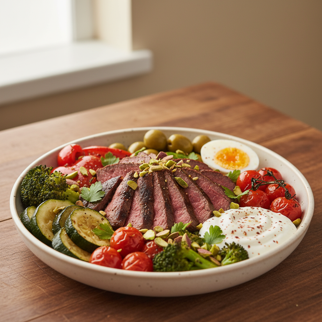 Mediterranean steak bowls served with garnishes and sides