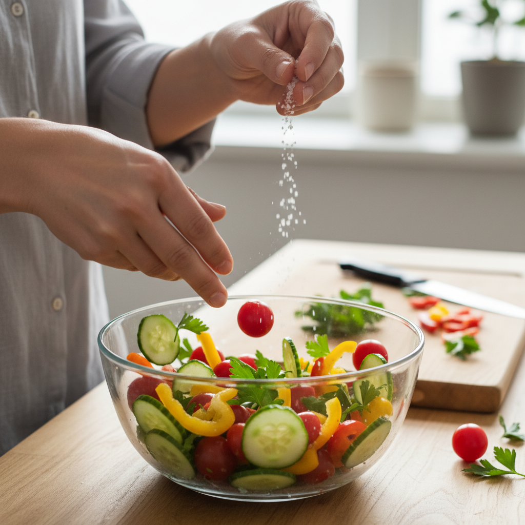Preparing fresh Mediterranean vegetables for steak bowls
