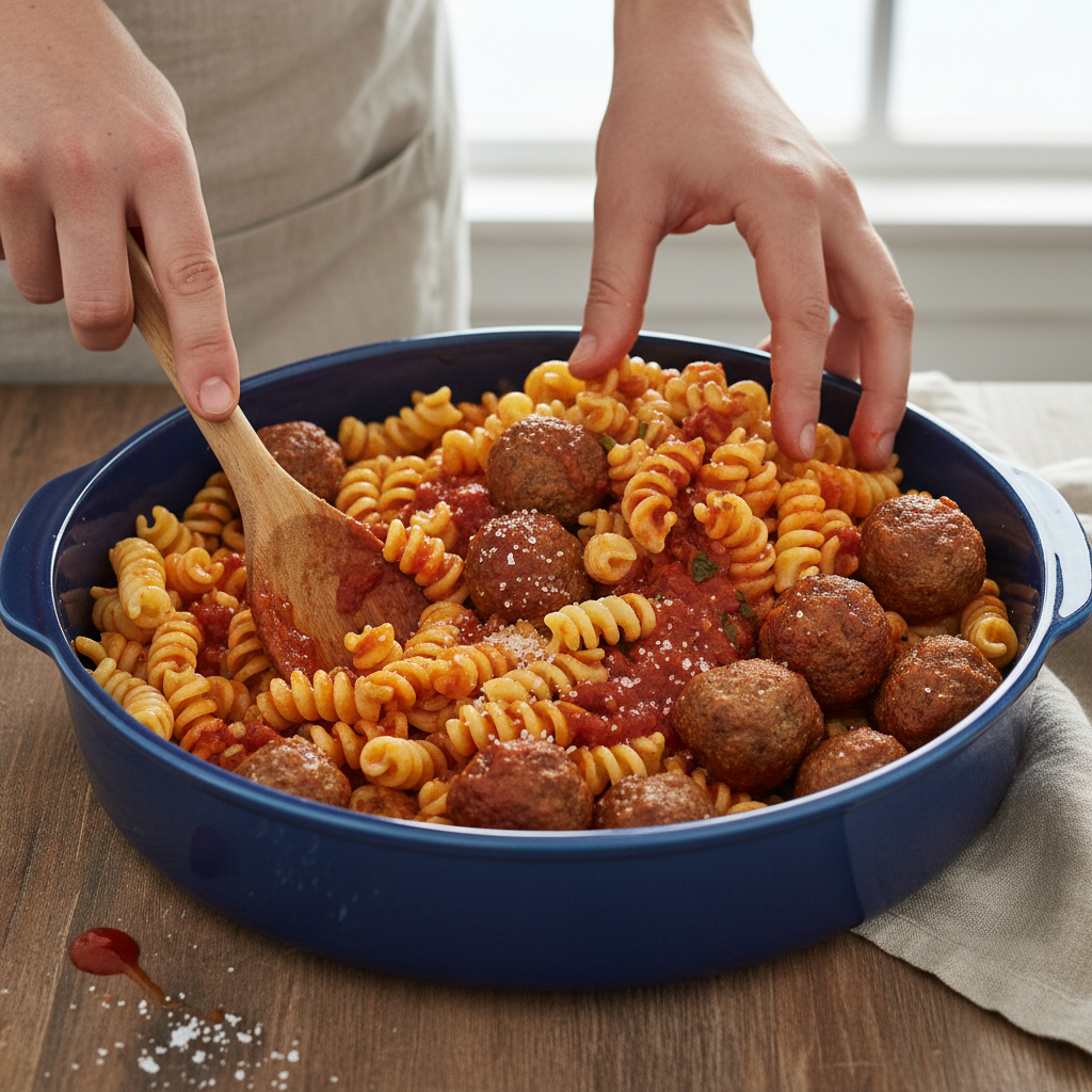 Casserole dish with ingredients prepared and covered before baking