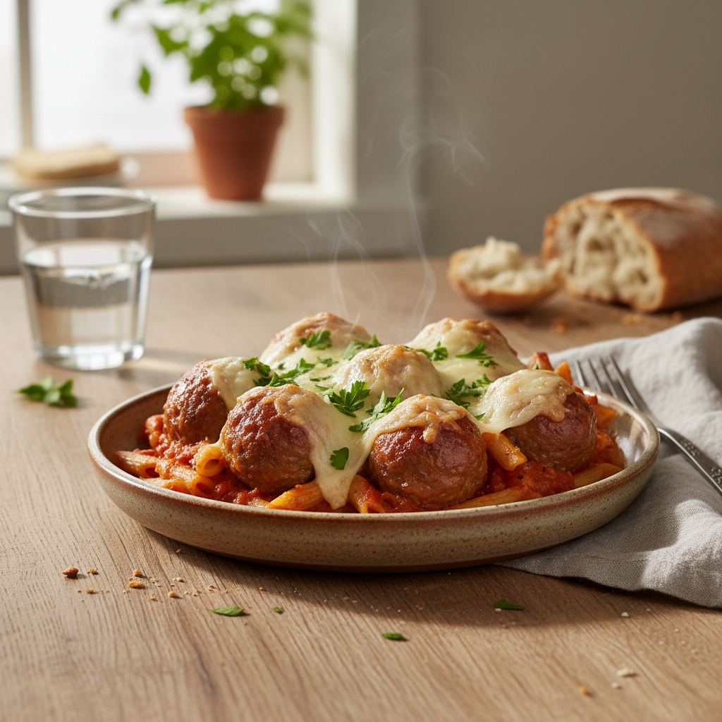 Dump and Bake Meatball Casserole served with salad and sides