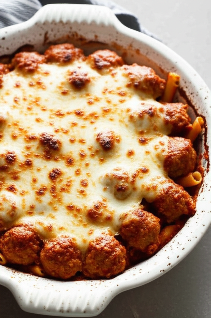 Dump and Bake Meatball Casserole plated and ready to serve