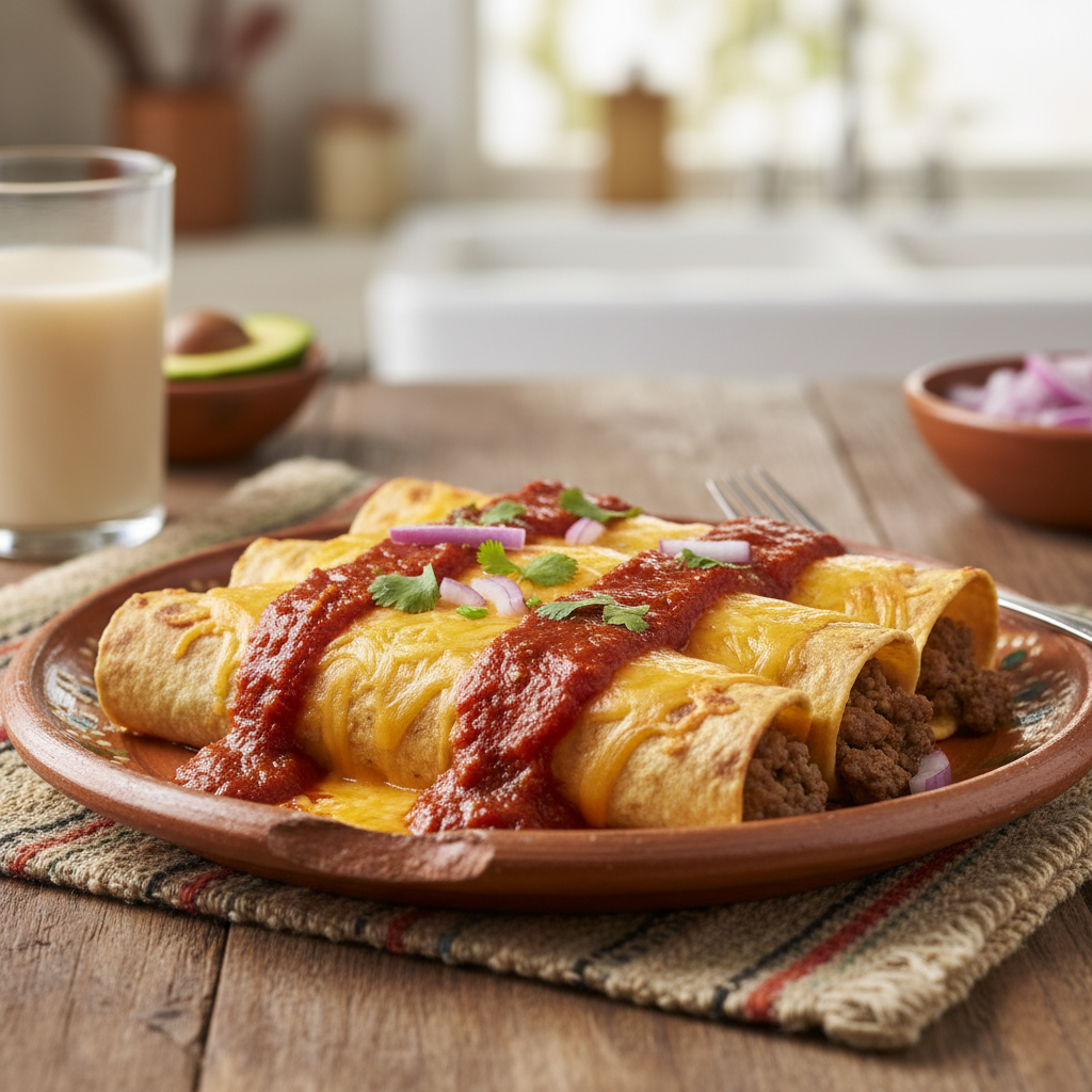 Finished baked ground beef enchiladas