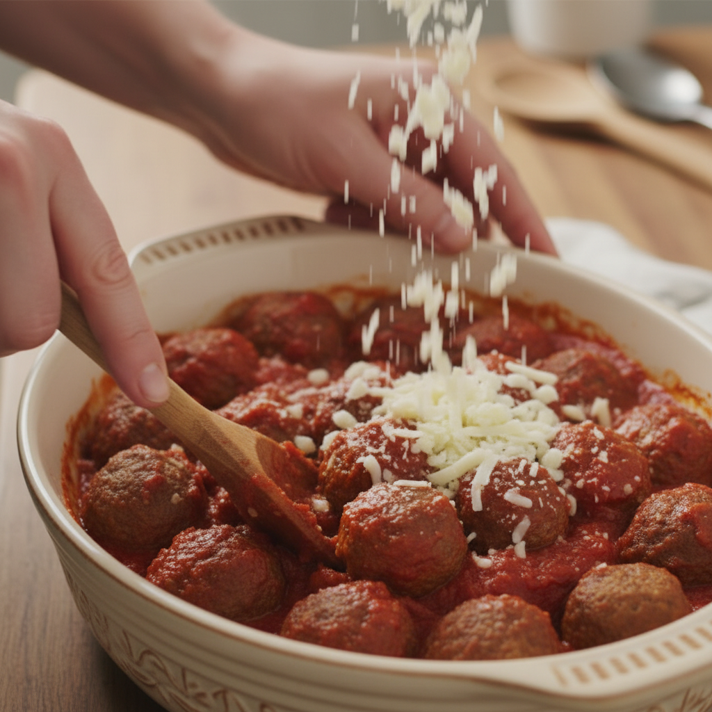 Meatballs mixed with marinara sauce and topped with cheese