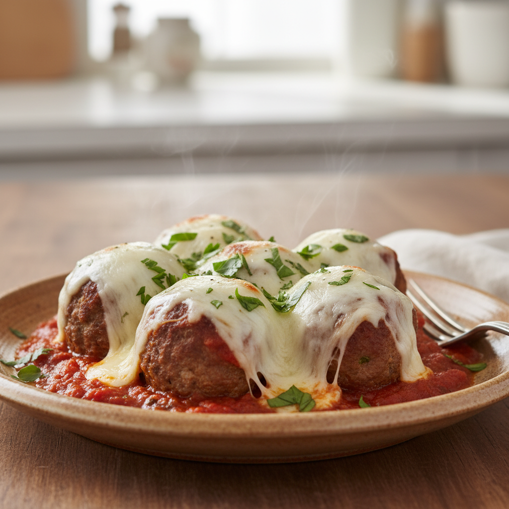 Serving baked meatballs with salad and garlic bread