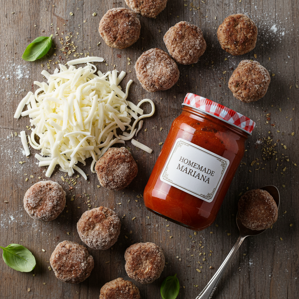 Ingredients for baked meatballs: frozen meatballs, marinara sauce, shredded mozzarella