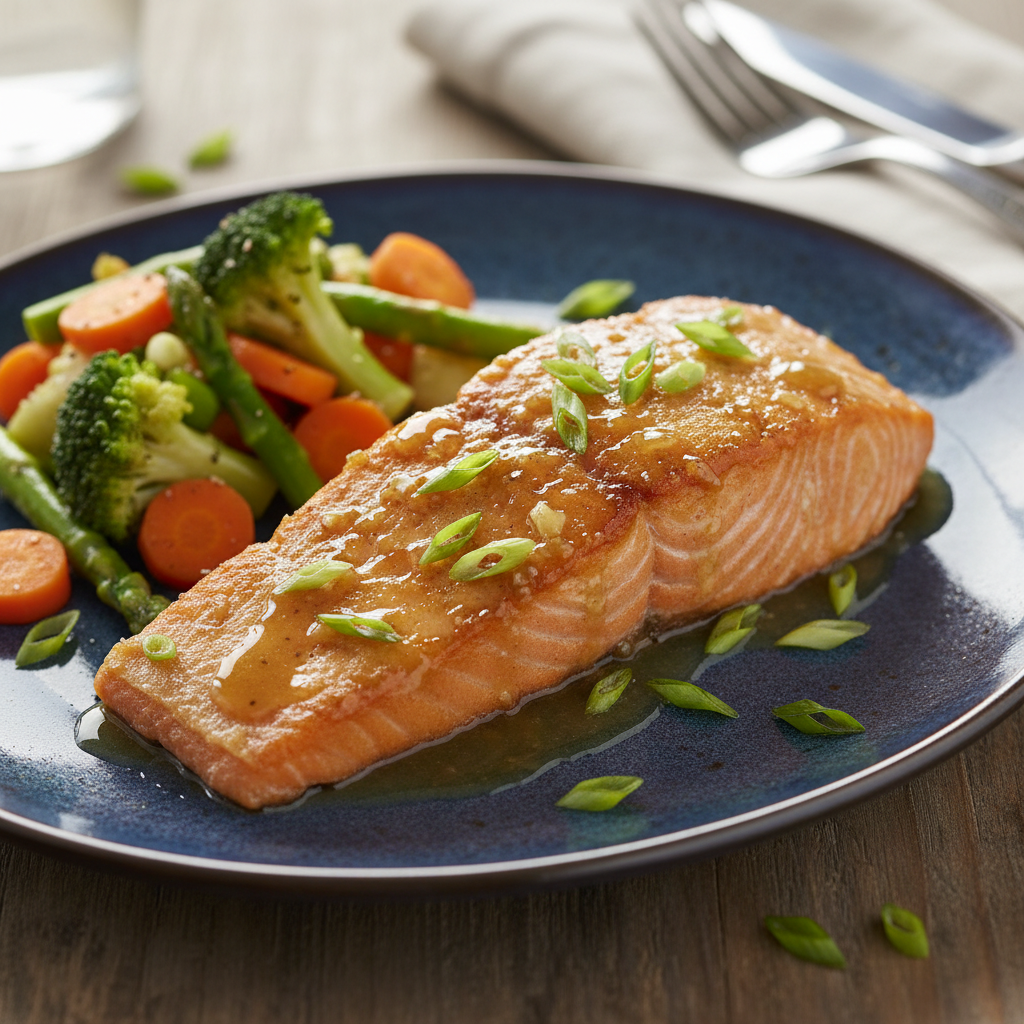 Plated Crispy Honey Garlic Glazed Salmon with sides and glaze drizzle