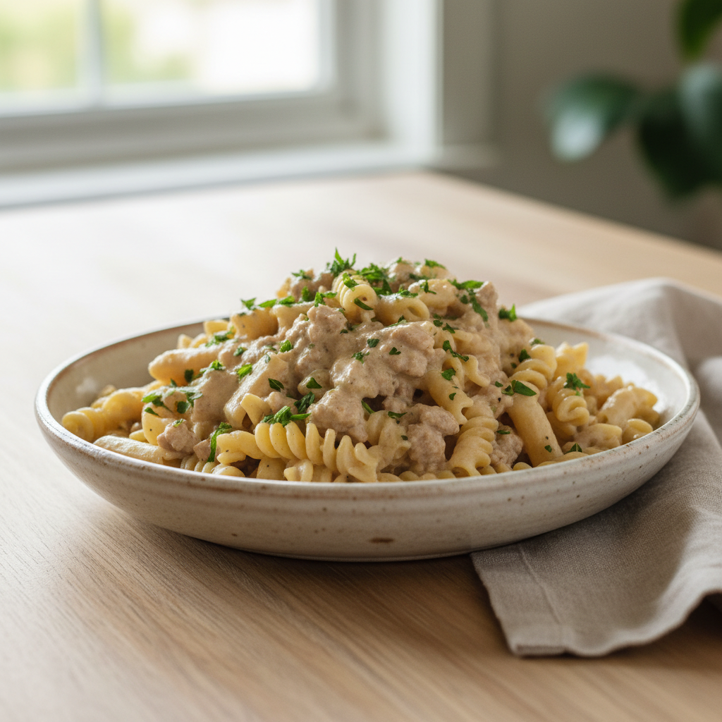 Cheesy ground turkey pasta ready to serve