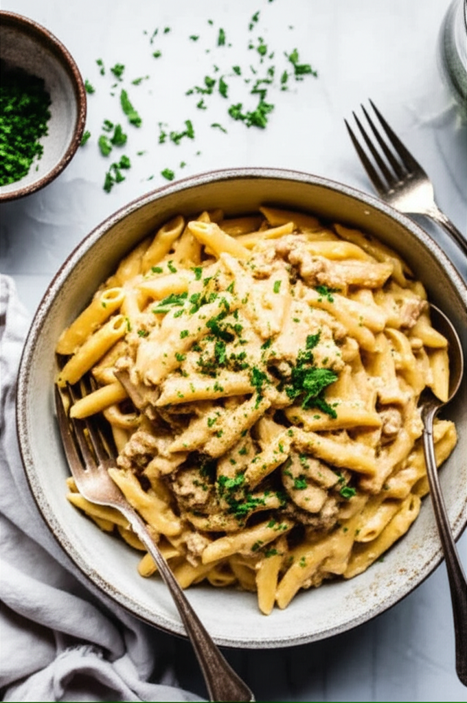 Creamy ground turkey pasta in bowl