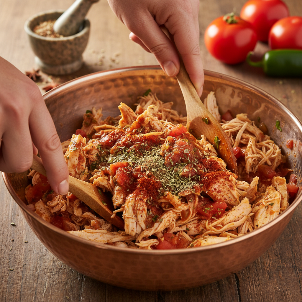 Mixing shredded chicken with salsa, water, tomato paste and spices