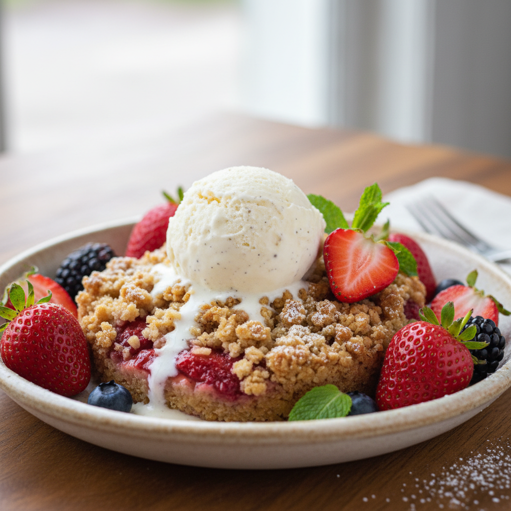 Strawberry crisp served with vanilla ice cream