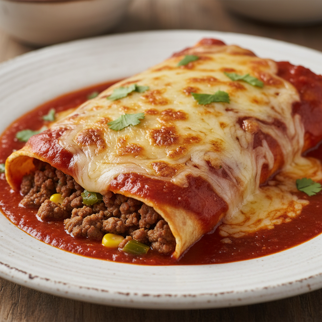 Cooked ground beef enchiladas in baking dish