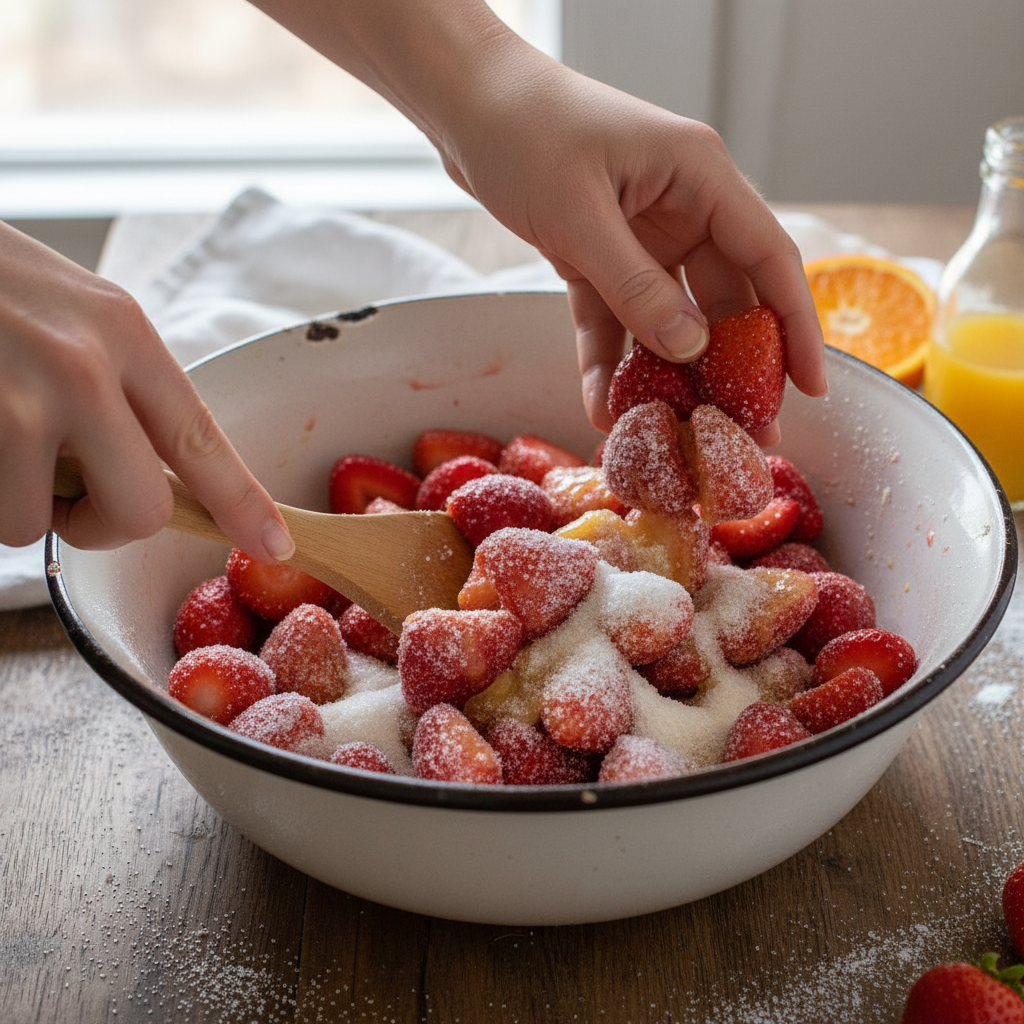 Mixing the topping and filling for strawberry crisp