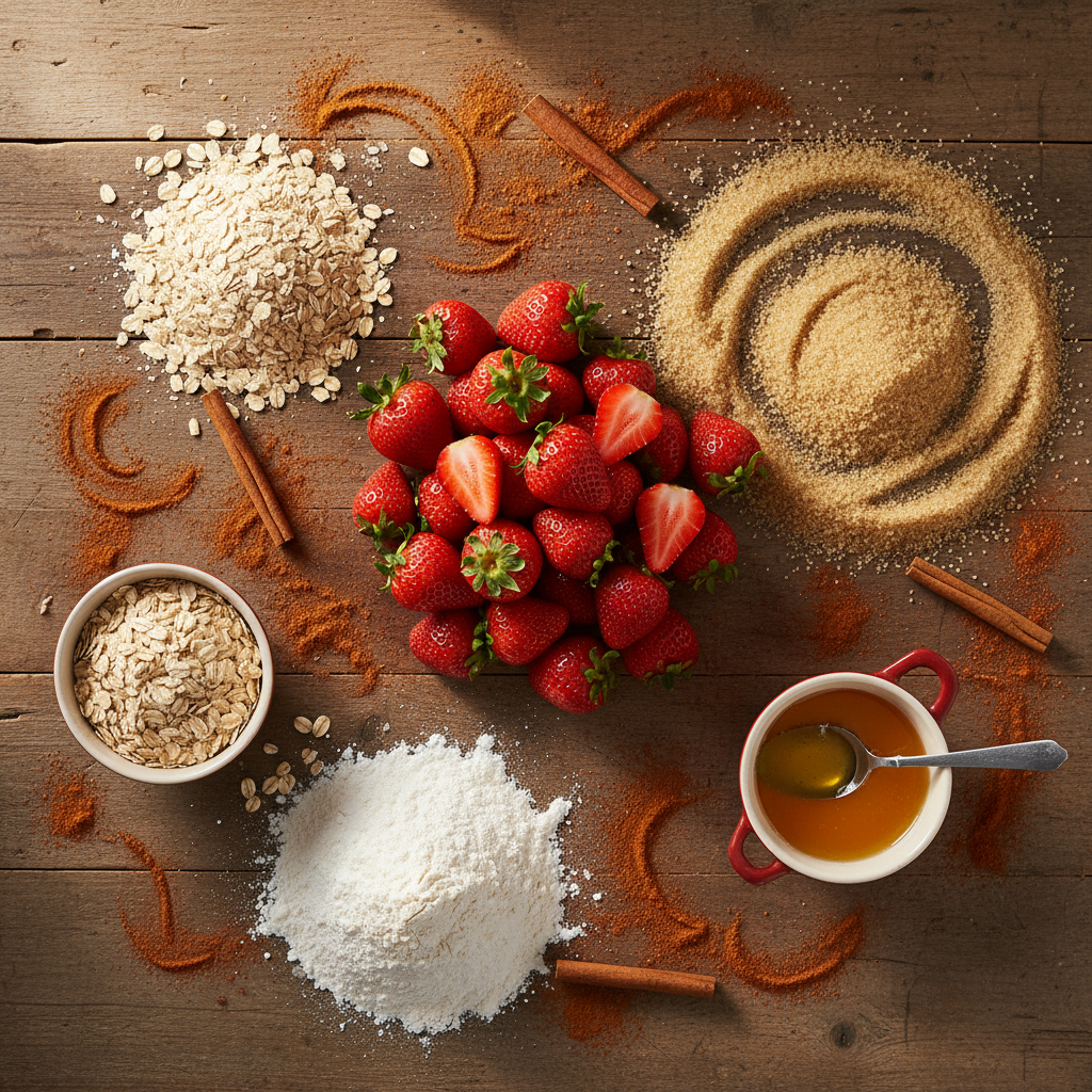 Ingredients for strawberry crisp displayed