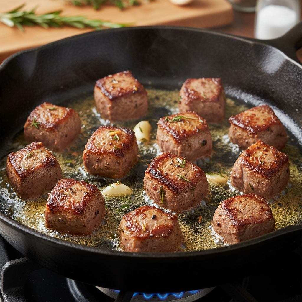 Garlic butter steak bites and potatoes in a pan