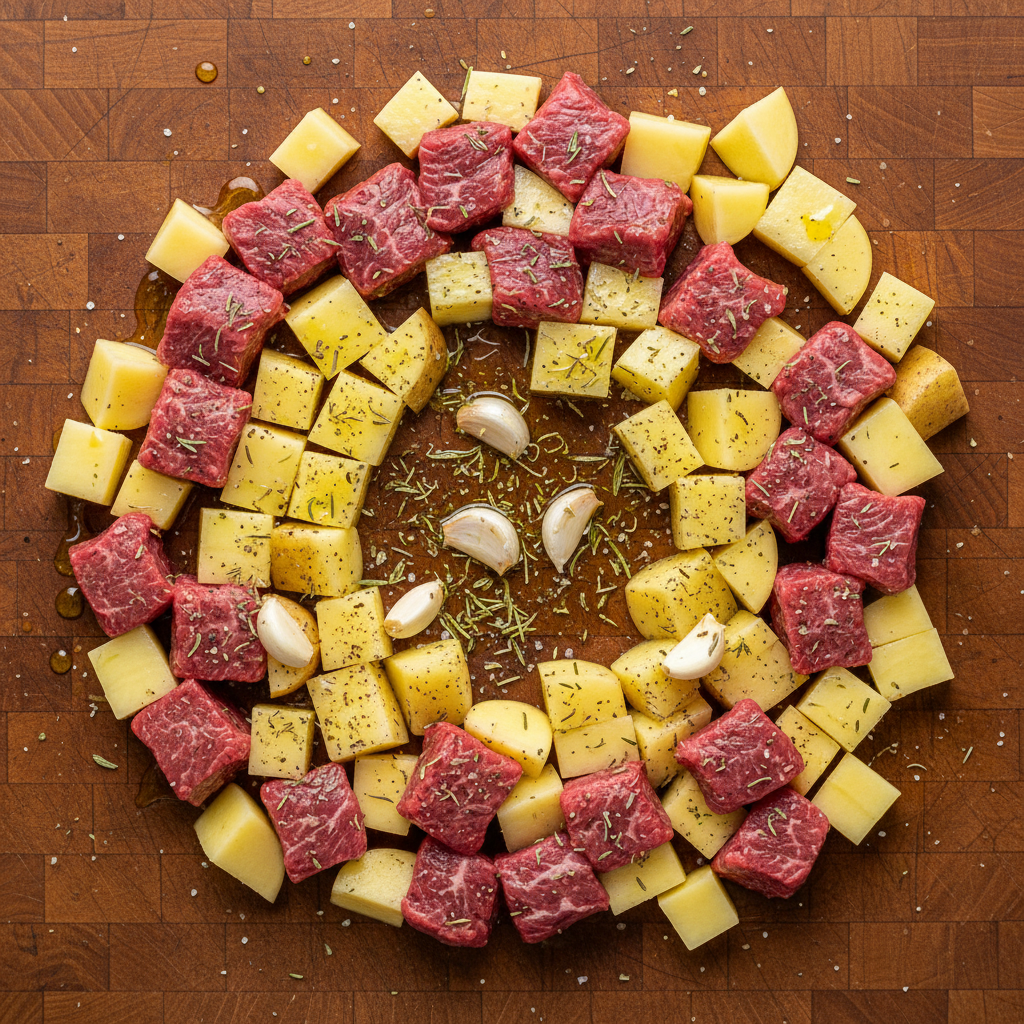 Ingredients for garlic butter steak bites and potatoes