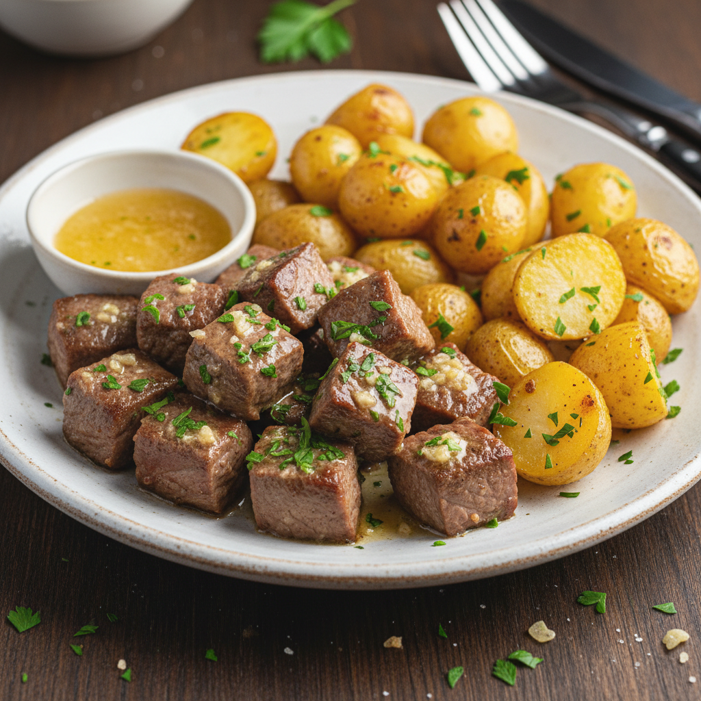 Plated garlic butter steak bites and potatoes