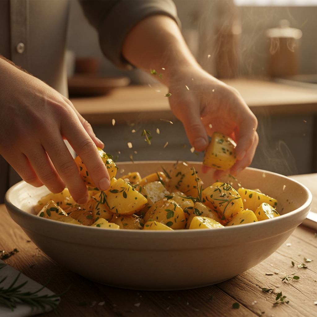 Potatoes cooking in skillet with garlic and herbs