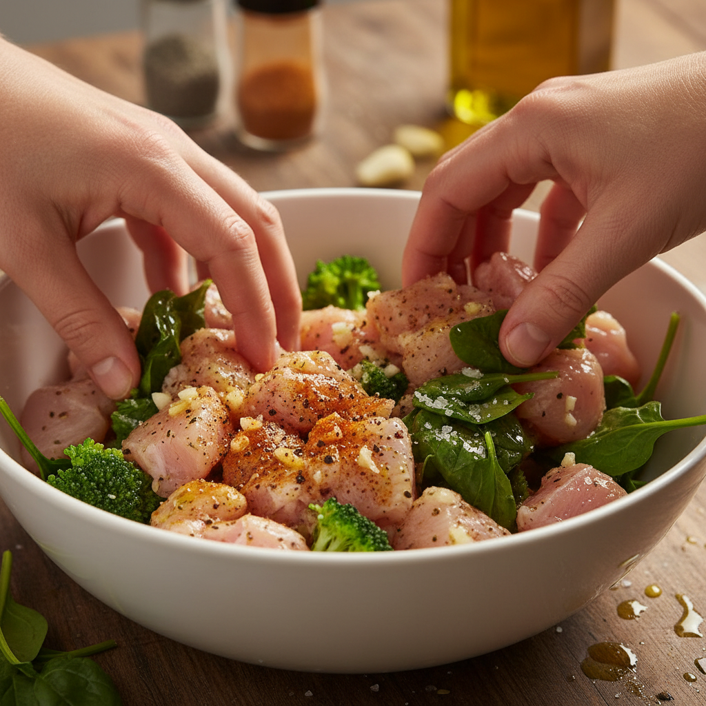 Cooking spinach and garlic with broccoli