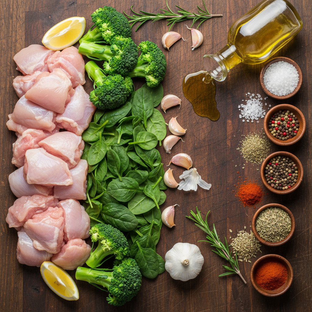 Ingredients for Garlic Chicken with Broccoli and Spinach