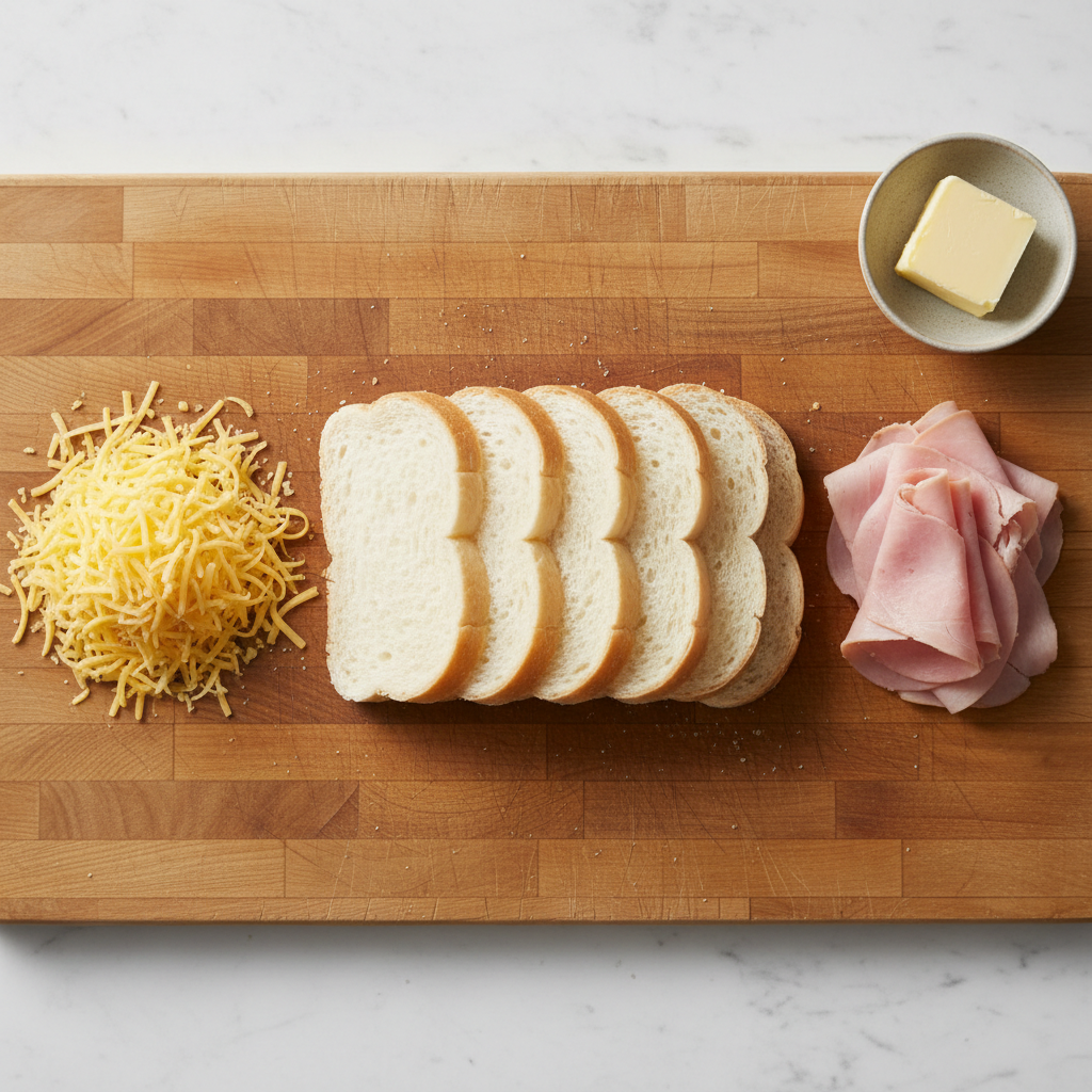 Ingredients for grilled cheese roll-ups including bread, cheese, ham, and butter