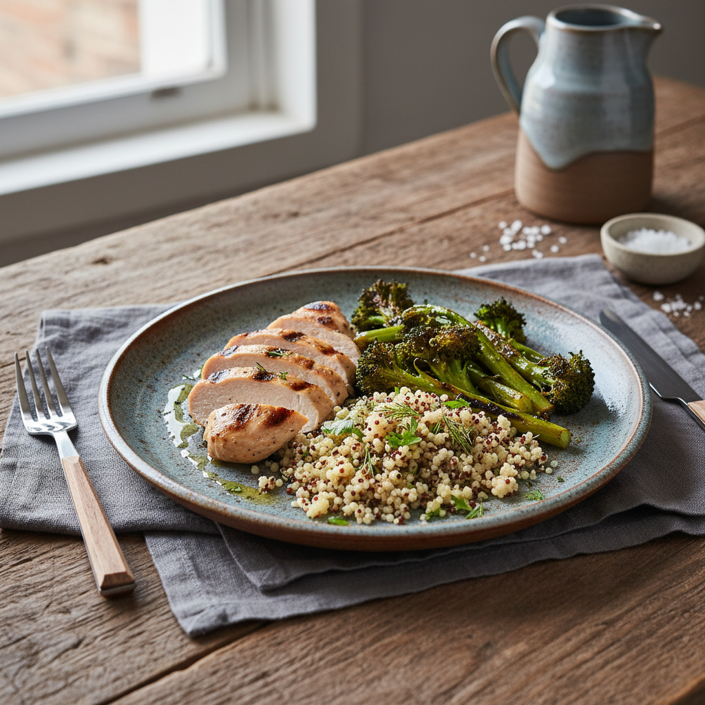 Assembled grilled chicken and broccoli bowl with creamy garlic sauce