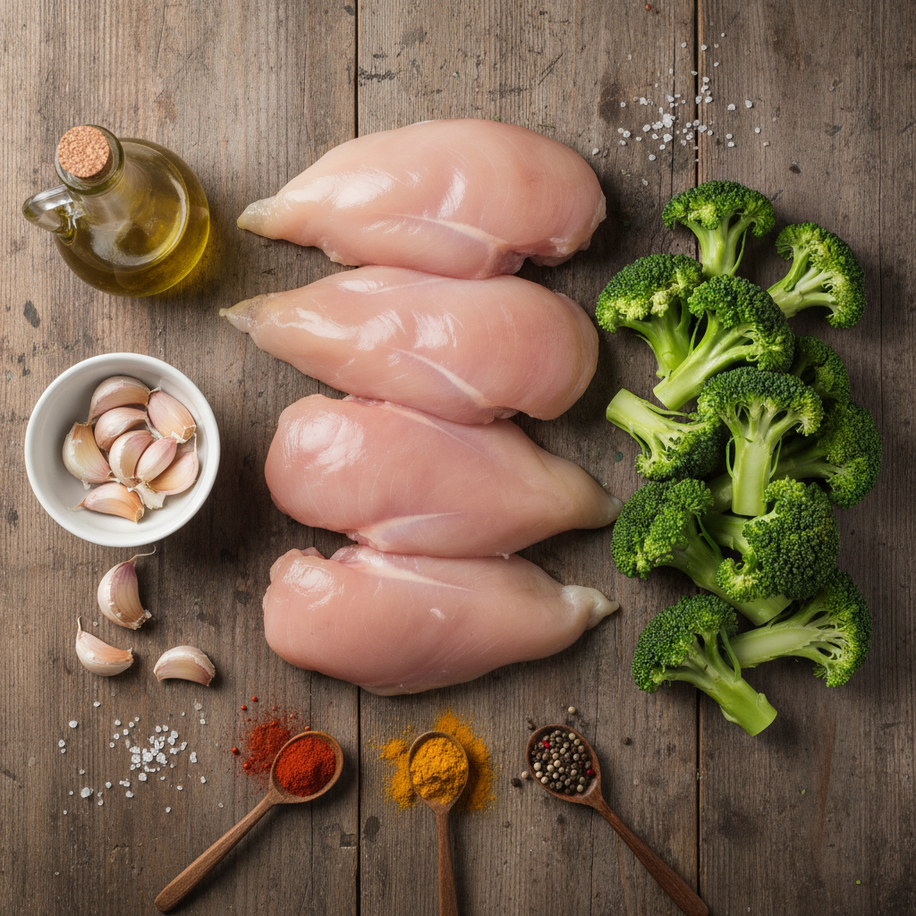 Ingredients for grilled chicken and broccoli bowls