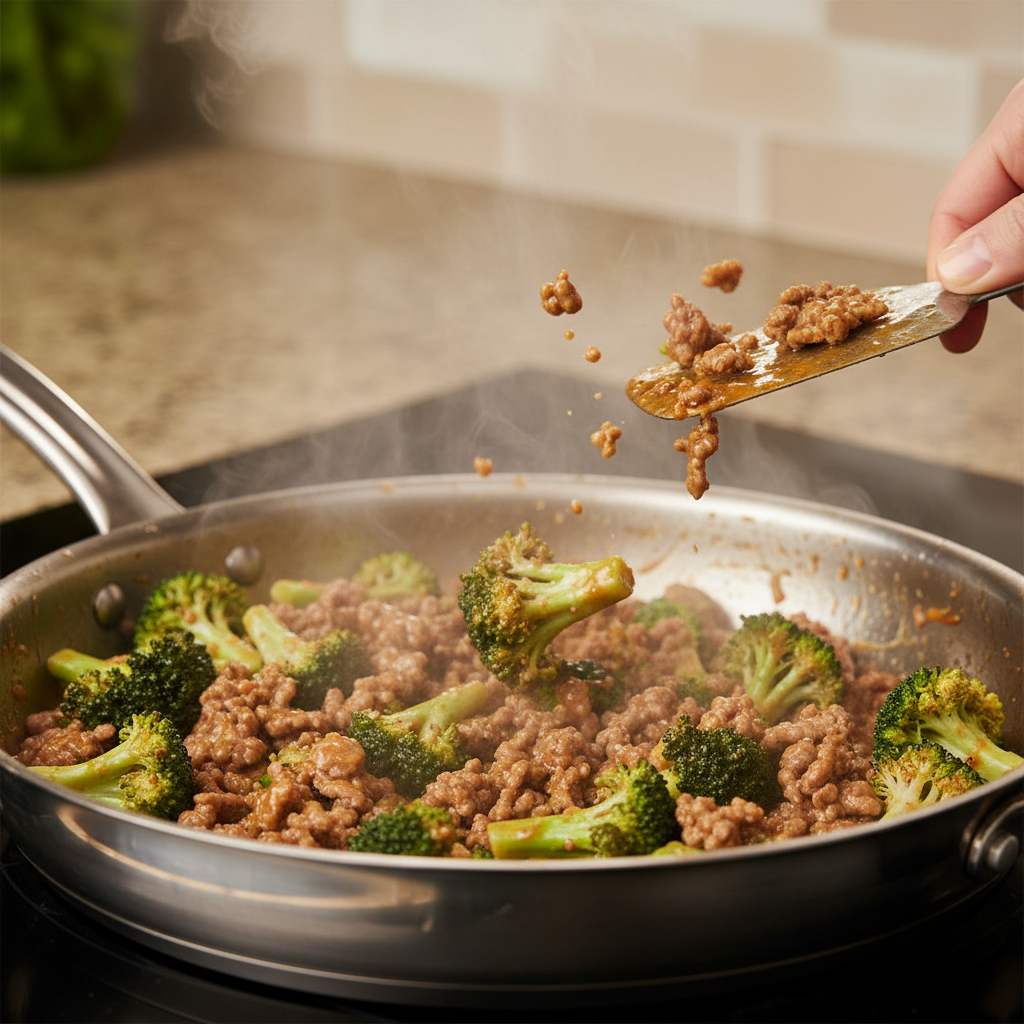 Browning ground beef and garlic in skillet