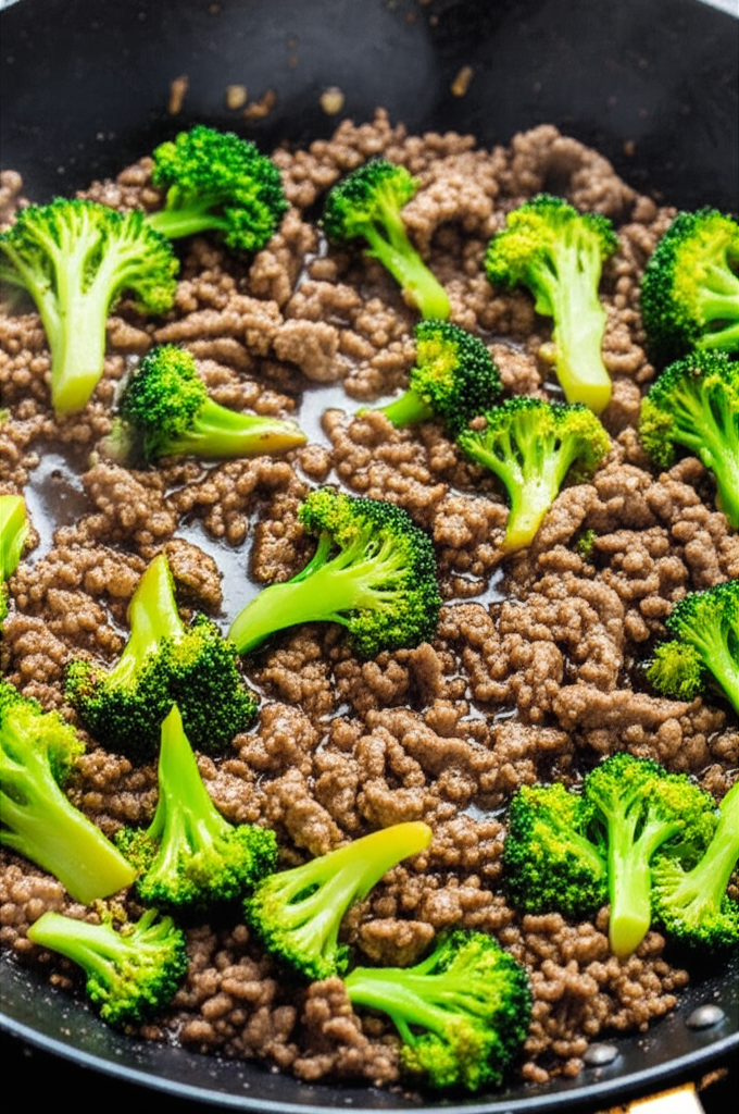 Ground Beef and Broccoli dish in pan